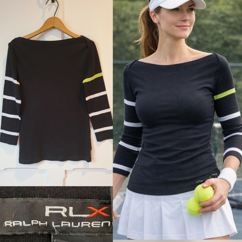 RLX Ralph Lauren Black Stripe Sleeve Boat Neck Athletic‎ Top Women